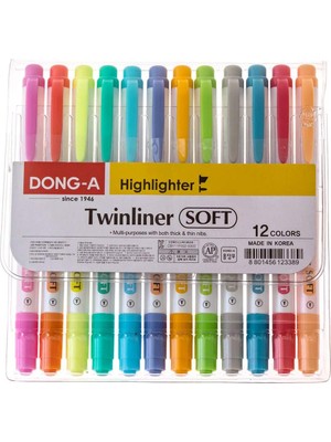 Dong-A Twinliner Çift Taraflı Fosforlu Kalem, Ince ve Geniş Uçlar, 12 Renk Seti