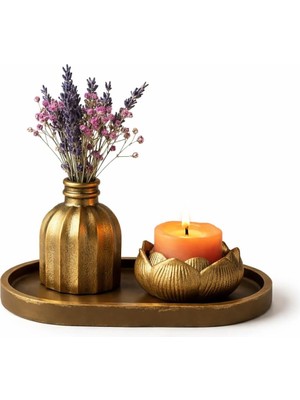 Mireva Lotus Tealight Mumluk ve Mini Vazo Seti – Dekoratif Tepsi Üzerinde Altın Renk Mumluk Seti