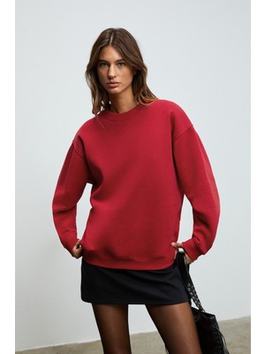 Ethiquet Karıus Kadın Organik Pamuklu Içi Polarlı Oversize Yuvarlak Yakalı Bordo Sweatshirt
