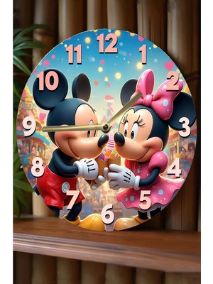 Kututr Mickey &amp; Minnie Temalı Renkli Mdf Duvar Saati – 3D Görünümlü Sessiz Mekanizmalı 2