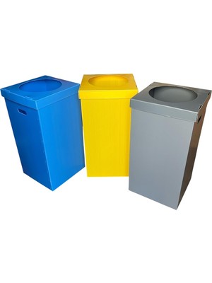 3 Lü Geri Dönüşüm Kutusu Iç Mekan Sıfır Atık 35X35X70CM Plastik Oluklu Kağıt Metal Plasti