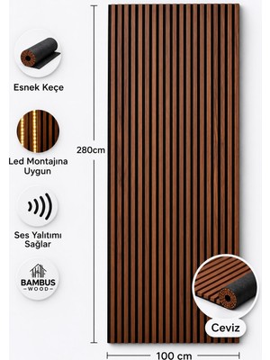 Bambus Home Dekoratif Çıtalı Mdf Akustik Duvar Paneli Akustik Ahşap Duvar Kaplama Paneli 100X280 cm Ceviz