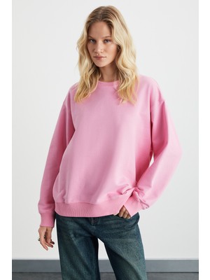 Ethiquet Karıus Kadın Organik Pamuklu Içi Polarlı Oversize Yuvarlak Yakalı Pembe Sweatshirt
