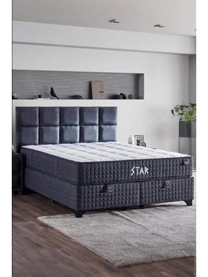 Niron Yatak Star Yatak Seti 180x200 cm Çift Kişilik Yaylı Sert Ortopedik Yatak Antrasit Lüks Baza Başlık Takımı