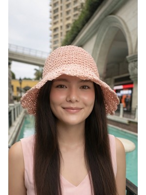 Mollycrush Premıum Seri Kadın Pembe Hasır Ip El Örmesi Bucket Şapka | Plaj ve Günlük Kullanıma Uygun Trend Tasarım Model