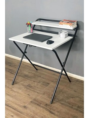 🔥 Lich Metal Ayaklı Katlanır Çalışma Masası Beyaz | Raflı Laptop Sehpası | Çizim ve Ders Masası