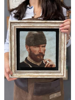 Oscar Stone Decor Çerçeveli Tablo Taş Duvar Dekoru 30 x 30 cm Mustafa Kemal Atatürk Sakallı
