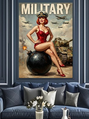Tablomega Pin Up Kız Bomba Üzerinde Askeri Dekoratif Kanvas - Mdf Ahşap Tablo