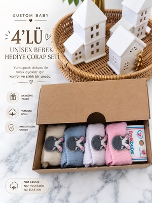 Fındık Bebe 4’lü Unisex Bebek Çorap Seti – Kutulu Bebek Hediyesi, Yenidoğan Hediye Çorap