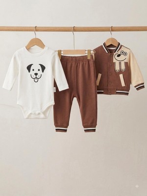 Mini Pakel Köpek Nakışlı 3'lü Erkek Bebek Takım 0-3 Ay 3-6 Ay 6-9 Ay Bebek Takım Ceket+Zıbın+Pijama Yenidoğan Bebek Takım