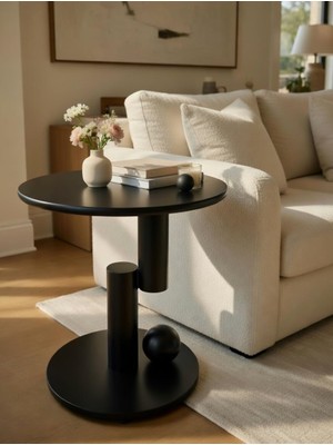 Modern Minimalist Yuvarlak Sehpa, Siyah, Metal Taban ve Lake Mdf Yüzey, Oturma Odası Için Şık T