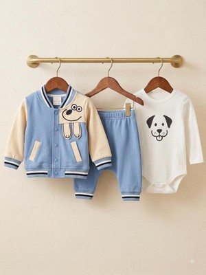 Mini Pakel Köpek Nakışlı 3'lü Erkek Bebek Takım 0-3 Ay 3-6 Ay 6-9 Ay Bebek Takım Ceket+Zıbın+Pijama Yenidoğan Bebek Takım