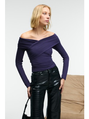 Ethiquet Selunette Kadın Asimetrik Yakalı Omuzu Açık Esnek Kumaşlı Vücudu Saran Slim Fit Mor Bluz