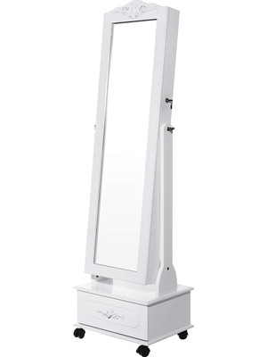 Tekerlekli ve LED Aydınlatmalı Kilitlenebilir Mücevher Dolabı, Beyaz, JBC61W
