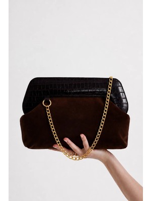 Heybes Kadın Acı Kahve Kroko Desen Deri Detaylı Süet Clutch El Çantası