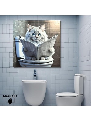 Kare Kanvas Banyo Tablosu Gazete Okuyan Beyaz Chinchilla Kedi 40 x 40