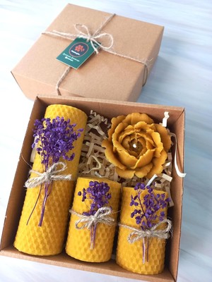 Petekoğlu Balmumu Mum Dekoratif Hediye Kutusu 4 Lü Set Doğal Petek Beeswax Candle Açmış Gül (
