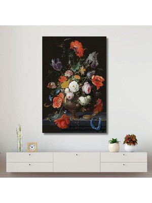 Dikey Kanvas Duvar Tablosu Siyah Arka Planda Çiçekler 30 x 40