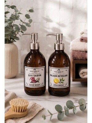 Trend Home Life 500 ml Gümüş Başlıklı Cam Sabunluk Seti & Sabunluk Deterjanlık Sıvı Sabun Şişesi