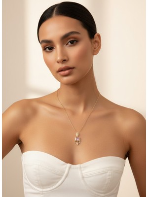 Valmont Accessories Kadın Altın Renk Toz Pembe Taşlı Geometrik Uçlu Kolye