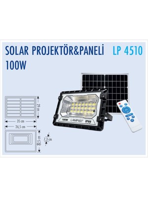 Lampist 100W Solar LED Projektör – Güneş Enerjili Uzaktan Kumandalı Su Geçirmez Dış Mekan Sokak ve Bahçe Aydınlatması