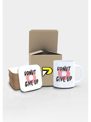 Donut Give Up Komik Tasarımlı Baskılı Kupa Bardak Seti, Eğlenceli Özel Hediye Mug