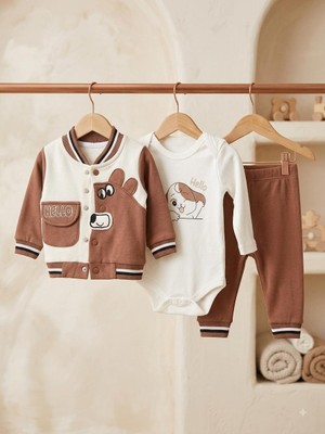 Mini Pakel Köpek Nakışlı 3'lü Erkek Bebek Takım 0-3 Ay 3-6 Ay 6-9 Ay Bebek Takım Ceket+Zıbın+Pijama Yenidoğan Bebek Takım