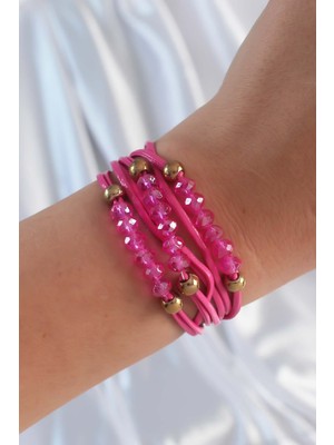 Pembe Renk Zirkon Taşlı Ipli Çoklu Bileklik