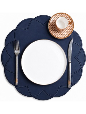 Evien Home Nakışlı Deri Amerikan Servis 2'li Set Çift Taraflı Yuvarlak Supla 40X40 cm Vance Lacivert