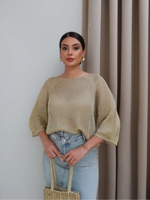 Esra Helvacı Işıltılı Kayık Yaka Ajurlu Bluz