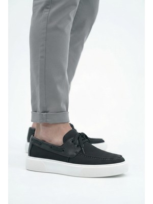 Zerenyus ZRC2602 - Premium Triko Erkek Bağcıklı Loafer Siyah Beyaz