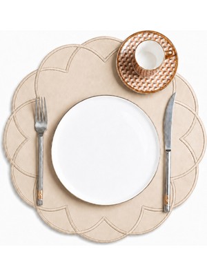 Evien Home Nakışlı Deri Amerikan Servis 2'li Set Çift Taraflı Yuvarlak Supla 40X40 cm Vance Bej