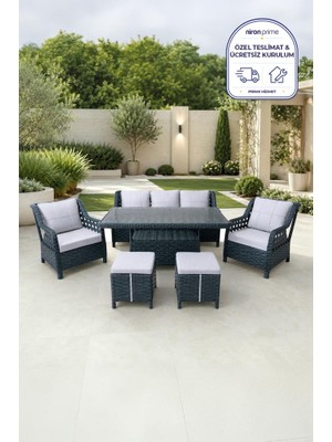 Niron Grand 3'lü Rattan Alüminyum Bahçe Oturma Grubu - Antrasit Temperli Cam Set 3+1+1+Puf