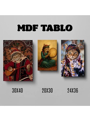 Zerya Tabloya Pisîkan - Saz Def ve Örtülü Kedi Görselli Tasarımlı Motifli Duvar Dekoratif Mdf Ahşap Retro Poster Tablo