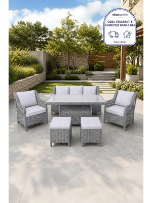 Niron Grand 3'lü Rattan Alüminyum Bahçe Oturma Grubu Gri - Temperli Cam Set 3+1+1+Puf
