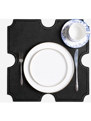 Evien Home Nakışlı Deri Amerikan Servis 2'li Set Çift Taraflı Kare Supla 45X45 cm Otis Siyah