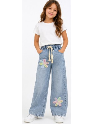 İrem Çocuk Giyim Kız Çocuk Çiçek Aplikeli Beli Lastikli Geniş Paça Model Mavi Renk Kot Pantolon