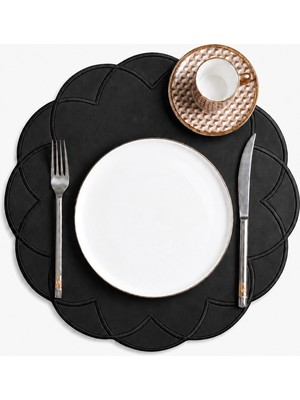 Evien Home Nakışlı Deri Amerikan Servis 2'li Set Çift Taraflı Yuvarlak Supla 40X40 cm Vance Siyah