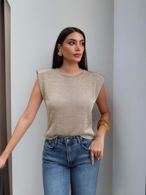 Esra Helvacı Vatkalı Sıfır Kol Simli Bluz