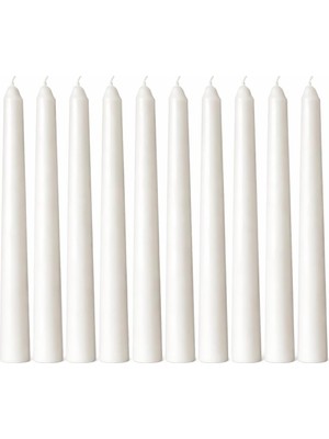 Beyaz Renk Ince Şamdan Mum Seti Varaklı, 25 cm Uzunluk, 10'lu Paket, Dekoratif Taper, Şık Masa,