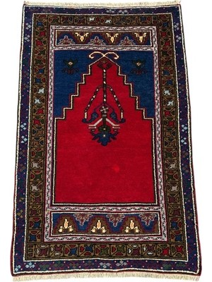 Burak Halı El Dokuma Hatalı Obruk Halısı Seccade 80X135 Kırmızı Lacivert Kök Boya Namazlık