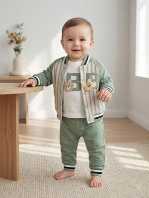 Mini Pakel B Nakışlı 3'lü Erkek Bebek Takım 0-3 Ay 3-6 Ay 6-9 Ay Bebek Takım Ceket+Zıbın+Pijama Yenidoğan Bebek Takım