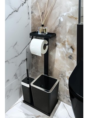 3'ü 1 Arada Banyo Seti Tuvalet Kağıtlık, Çöp Kovası ve Tuvalet Fırça Takımı Set Çizgili