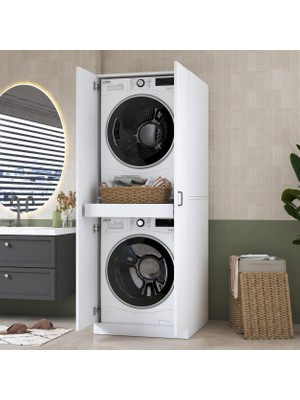 Rani Mobilya Rani KD125 Çamaşır Makinesi Dolabı 2 Kapaklı Raflı Çekmeceli Banyo Dolabı Beyaz