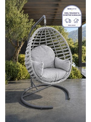 Niron Royal Rattan Bahçe Salıncağı Gri - Minderli Modern Salıncak