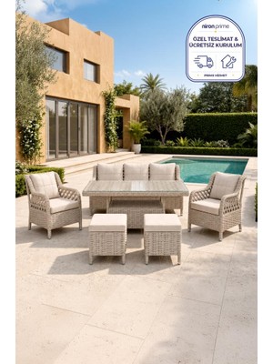 Niron Grand 3'lü Rattan Alüminyum Bahçe Oturma Grubu - Cappucino Temperli Cam Set 3+1+1+Puf