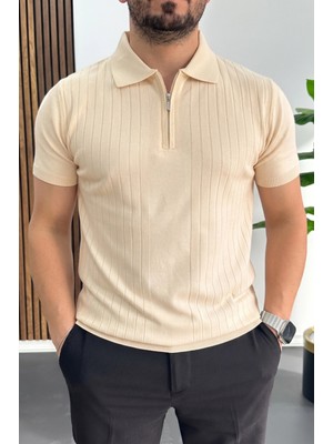 Edwox Erkek Çizgi Desenli Polo Yaka Krem EDW458