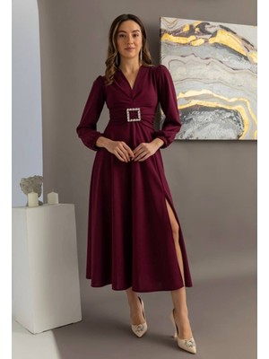 Mass Fashion Kadın Taş Toka Detaylı Yırtmaçlı Kloş Elbise