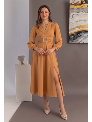 Mass Fashion Kadın Taş Toka Detaylı Yırtmaçlı Kloş Elbise