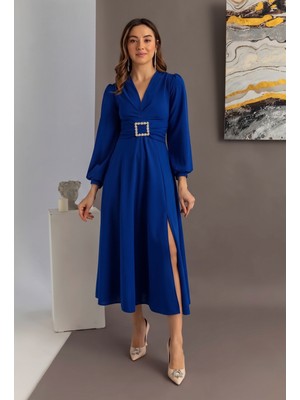 Mass Fashion Kadın Taş Toka Detaylı Yırtmaçlı Kloş Elbise
